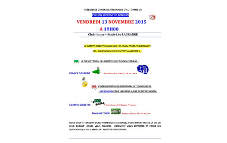 Assemblée Générale : Vendredi 13 Novembre 2015 - Club House - 19h00