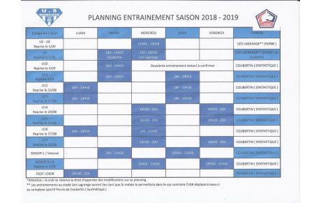 Planning Entrainements 2018-2019